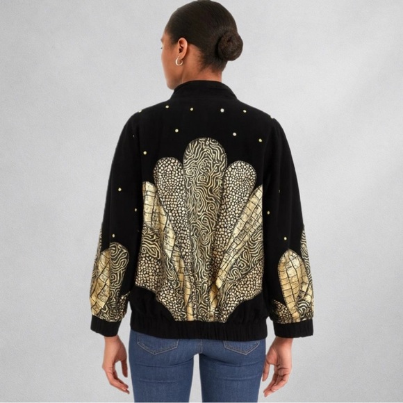 Julian K. Vintage Black & Gold Woman’s Leather Bomber Jacket M Art Deco Style - Picture 2 of 6